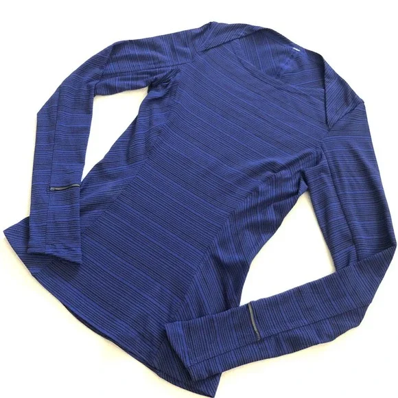 Lululemon Stripe Sapphire Blue Black Kanto Catch Me LS Thumbhole Slim Rulu Top 4 - Picture 2 of 7